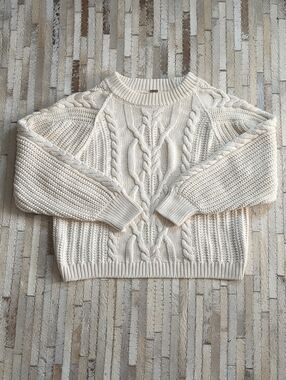 Free People Women's M Frankie Cable Knit Buttercream Cropped Sweater